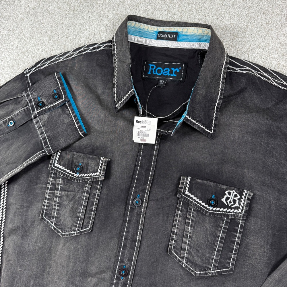 NEW Roar Button‎ Down Shirt Men 2XL Black Signature Contrast Stitch W90017